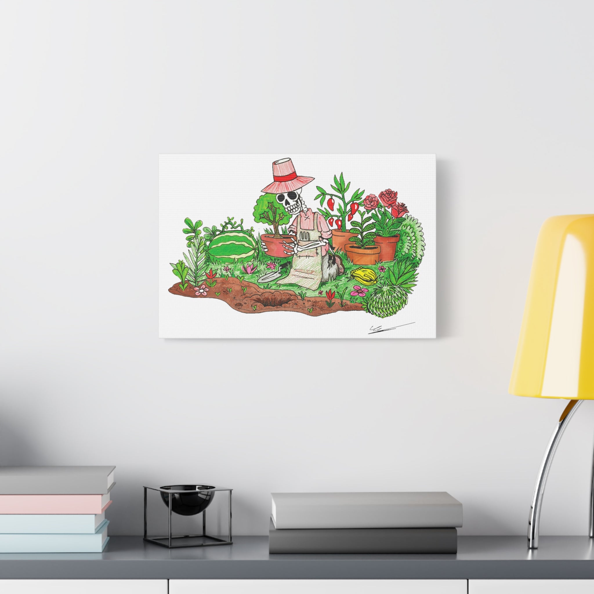 Gardening Skeleton Canvas Art, Whimsical Home Decor, Botanical Wall Art, Halloween Decor, Unique Gift Idea, Plant Lover's Art