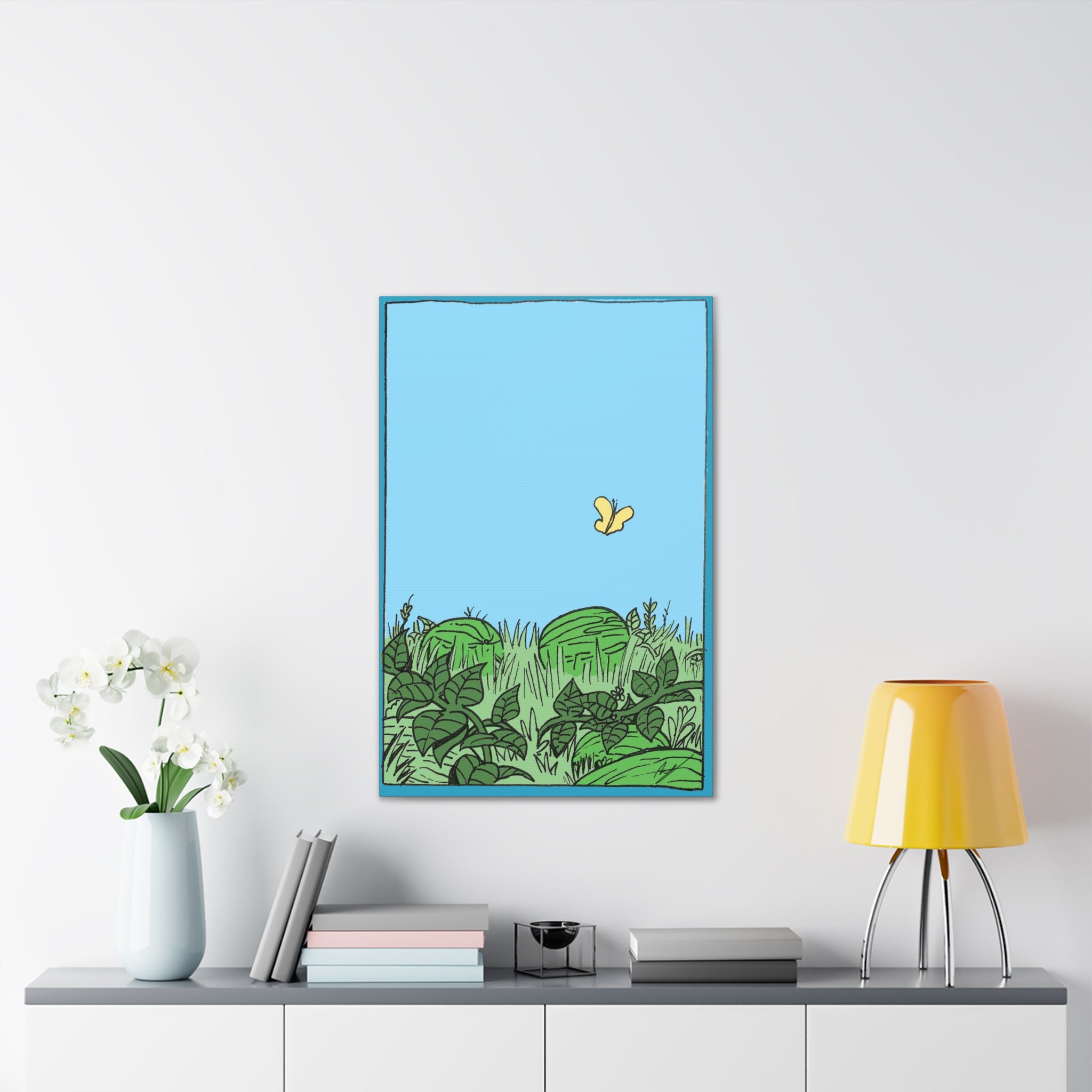 Watermelon Garden Canvas Wall Art with Butterfly and Greenery