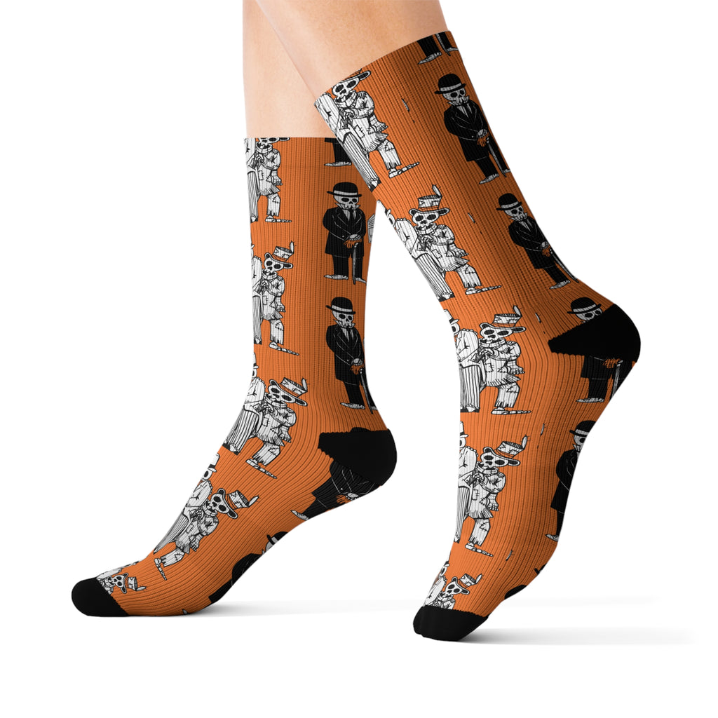 Whimsical Illustrated Socks with Vintage Skeleton Characters