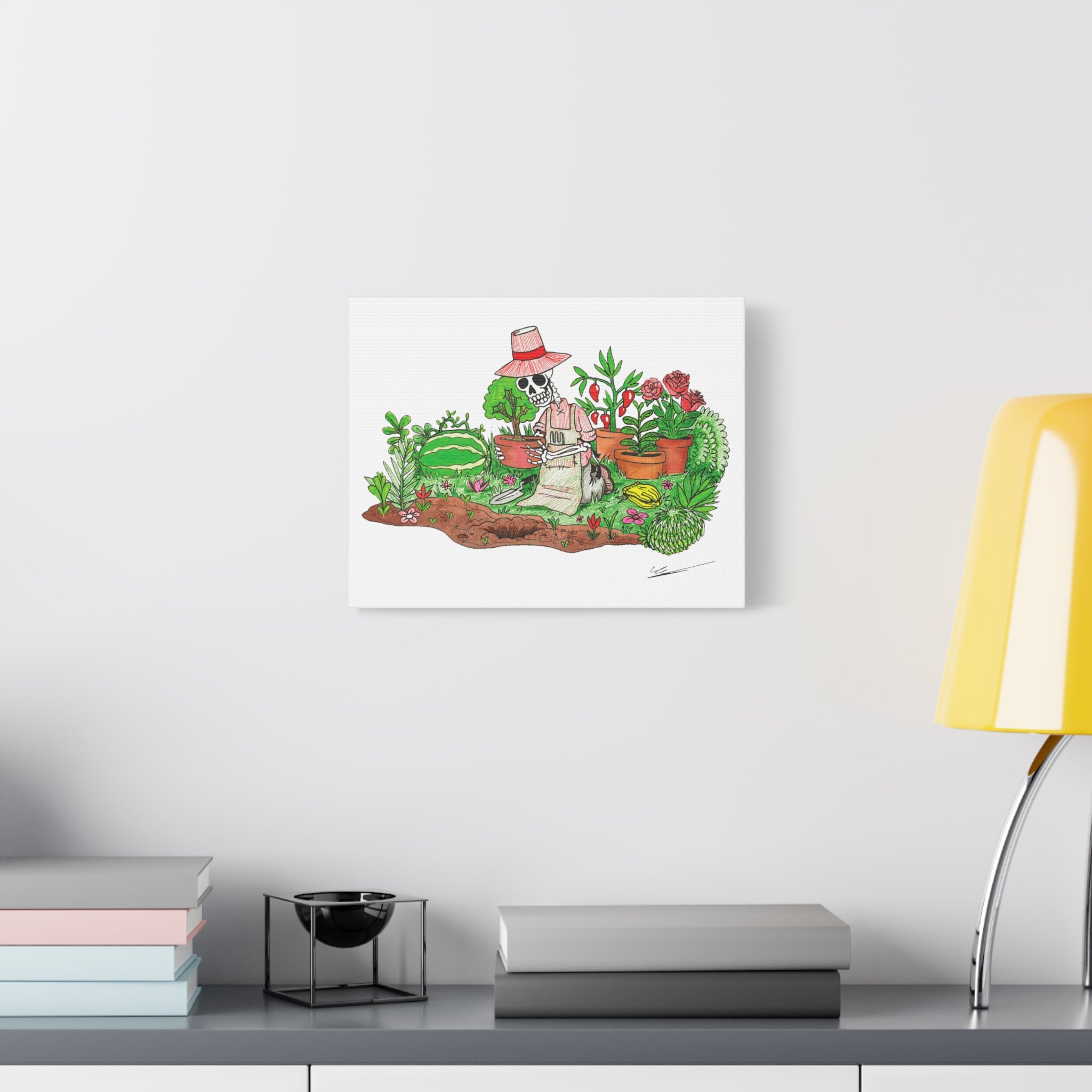 Gardening Skeleton Canvas Art, Whimsical Home Decor, Botanical Wall Art, Halloween Decor, Unique Gift Idea, Plant Lover's Art