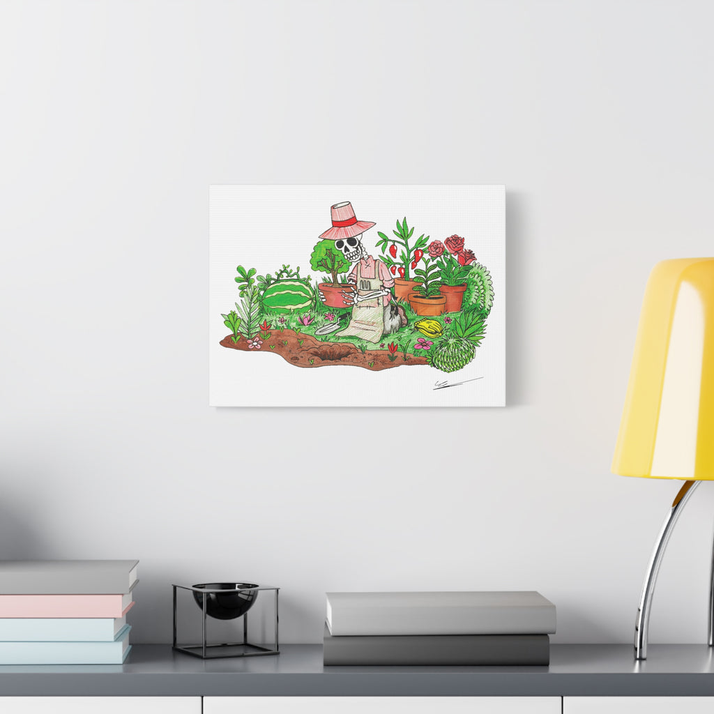 Gardening Skeleton Canvas Art, Whimsical Home Decor, Botanical Wall Art, Halloween Decor, Unique Gift Idea, Plant Lover's Art